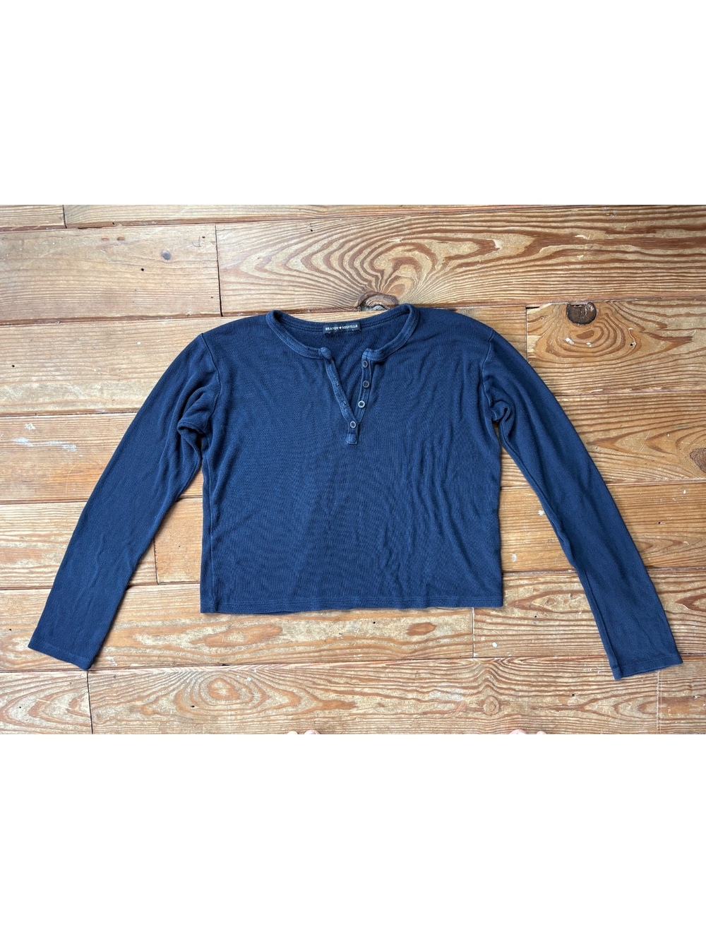 Brandy Melville Navy Ribbed Long Sleeve Cropped Henley Top One Size